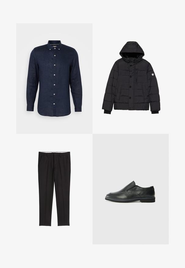 Schwarze Steppjacke mit abnehmbarem Kapuzenkragen, Knopf- und Reißverschluss, gestepptem Design, seitlichen und Brusttaschen sowie einem Logo am Ärmel.; Marineblaues Langarmhemd aus Leinen, mit einem Button-Down-Kragen, sechs Knöpfen vorne und einem leicht abgerundeten Saum.; Schwarze, maßgeschneiderte Hose mit glatter Textur, ausgestattet mit zwei Seitentaschen, einer flachen Vorderseite und einem klassischen Bund.; Schwarze Leder-Slipper mit glattem Obermaterial, gesteppten Akzenten, runder Zehenpartie und niedrigem Gummiabsatz. Die Sohle hat ein minimales Profil.