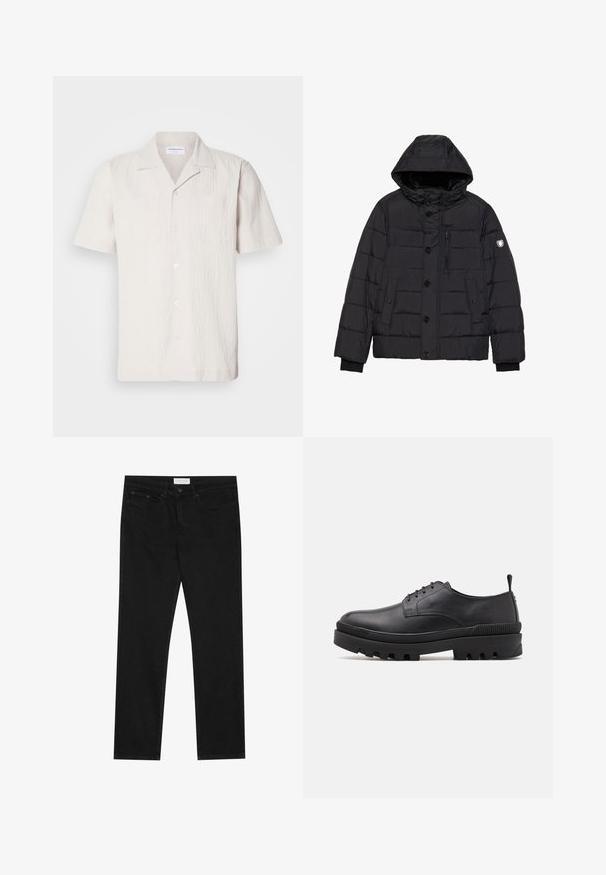 Czarna kurtka puchowa z odpinanym kapturem, zapięciami na guziki i suwak, pikowaną strukturą, kieszeniami bocznymi i na piersi oraz logo na rękawie.; Koszula z krótkim rękawem, jasnobeżowa, o teksturowanej tkaninie, z wykładanym kołnierzykiem i dwoma kieszeniami na piersi, z zapięciem na guziki z przodu.; Czarne jeansy straight-leg z pięcioma kieszeniami, zapięcie na guzik i zamek błyskawiczny oraz metka marki Pier One na pasku.; Czarne skórzane buty z okrągłym noskiem, sznurowanym zapięciem i masywną gumową podeszwą. Posiadają pętelkę z tyłu i teksturowane akcenty.