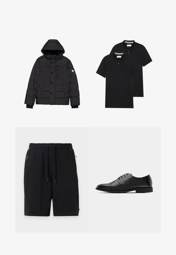 Mustahdamusta takki, jossa on irrotettava huppu, napit ja vetoketju, tikattu pinta, sivu- ja rintataskut sekä logo hihassa.; Kaksi mustaa lyhythihaista poolopaitaa, puuvillamateriaalia, joissa on klassinen kaulus, kahden napin napitus ja valkoiset raidat kauluksen sisällä.; Mustat shortsit pehmeästä kankaasta, joissa on joustava vyötärö, kiristysnyöri, kaksi sivutaskua vetoketjulla ja yksinkertainen muotoilu.; Musta nahkakengät, joissa on pyöristetty varvas, nauhakiinnitys, hienovaraiset ompeluyksityiskohdat ja matala korko. Sujuva pinta kiillotetulla viimeistelyllä.