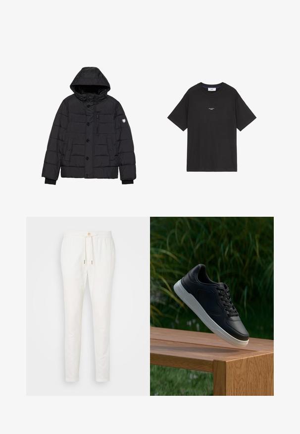 Μαύρο φούτερ μπουφάν με αποσπώμενη κουκούλα, κούμπωμα με κουμπιά και φερμουάρ, με επένδυση με ραφές, πλαϊνές και θηκαπόρτες στο στήθος, και λογότυπο στο μανίκι.; Μαύρη βαμβακερή μπλούζα με στρογγυλή λαιμόκοψη και κοντά μανίκια. Διαθέτει μια μικρή λευκή λεπτομέρεια λογότυπου μπροστά. Απλός σχεδιασμός, άνετη εφαρμογή.; Λευκά λινά παντελόνια με κορδόνι στη μέση, κλεισίματα με πλήκτρο και στενή εφαρμογή. Λείος υφή με ελάχιστες λεπτομέρειες και χωρίς ορατά μοτίβα.; Μαύρο αθλητικό παπούτσι με λευκή σόλα κρεμασμένο πάνω σε ξύλινη πάγκο, πράσινη βλάστηση στον θολό φόντο.
