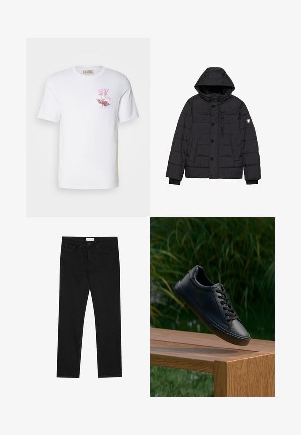 Must musta jope eemaldatava kapuutsiga, nupud ja tõmblukk, tikandtekstuur, külg- ja rinna-taskud ning logo varrukal.; Valge puuvillane T-särk, mille vasakul rinnal on roosa lillemuster koos tekstidisainiga. Lühikesed varrukad ja klassikaline ümar kaelus.; Mustad mustad jalad, viie taskuga disain, nööbiga ja lukuga kinnine, ning Pier One brändi silt vööl.; Must have musta sneakers sile nahka, sujuva tekstuuriga, ümmargune varvas ja lamedad paelad, asetatud puidust pinnale koos rohelise rohuga taustal.
