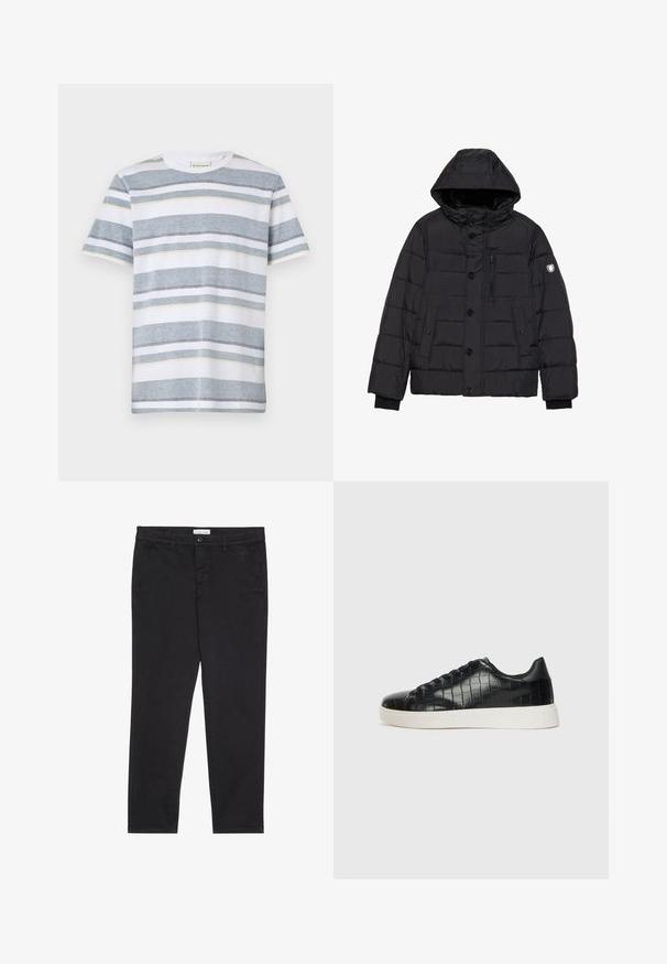 Black puffer jacket with a detachable hood, button and zipper closures, quilted texture, side and chest pockets, and logo on the sleeve.; Striped T-shirt in white, gray, and muted yellow. Soft cotton material with a crew neckline and short sleeves. Horizontal stripes are evenly spaced.; Black cotton trousers with a slim fit, featuring two side pockets and a front button closure. Textured fabric with subtle detailing.; Black sneakers featuring a textured croc-embossed leather upper, rounded toe, and a contrasting white rubber sole with a smooth finish.