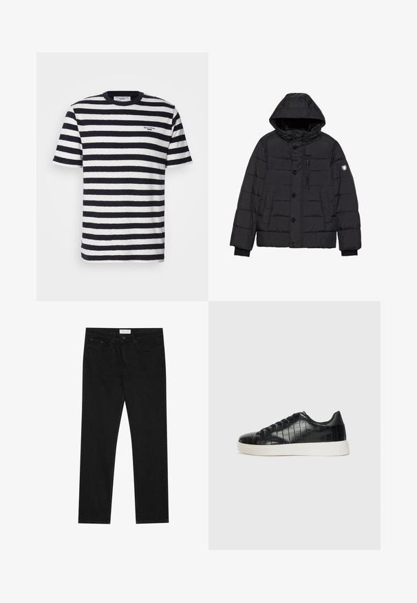 Juodas pūkinis švarkas su nuimamu gobtuvu, mygtukų ir užtrauktuko uždarymu, siuvinėtu paviršiumi, šoninėmis ir krūtinės kišenėmis bei logotipu ant rankovės.; Tamsiai mėlyna ir balta dryžuota medvilninė marškinėliai su apvaliu kaklu, trumpomis rankovėmis ir mažu siuvinėjimu ant krūtinės.; Juodos tiesios kojų džinsai su penkių kišenių dizainu, mygtuko ir užtrauktuko uždarymu bei "Pier One" prekės ženklo etikete ant juosmens.; Juodi sportiniai batai su tekstūruotu krokodilo odos pamušalu, apvalia kojų dalimi ir kontrastinga balta guma su lygiu paviršiumi.