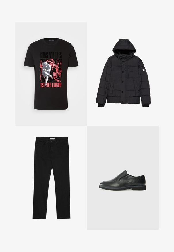 Schwarze Steppjacke mit abnehmbarem Kapuzenkragen, Knopf- und Reißverschluss, gestepptem Design, seitlichen und Brusttaschen sowie einem Logo am Ärmel.; Schwarzes Baumwoll-T-Shirt mit einem auffälligen roten und weißen Grafikdesign, auf dem "GUNS N' ROSES" und "USE YOUR ILLUSION" steht, umgeben von einem gemusterten Hintergrund.; Schwarze gerade Jeans mit Fünf-Taschen-Design, Knopf- und Reißverschluss, und einem Pier One-Label am Bund.; Schwarze Leder-Slipper mit glattem Obermaterial, gesteppten Akzenten, runder Zehenpartie und niedrigem Gummiabsatz. Die Sohle hat ein minimales Profil.