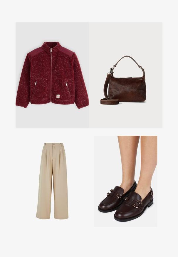 Rote Fleecejacke mit strukturierter Oberfläche, hohem Kragen, Reißverschluss und zwei Fronttaschen. Verfügt über kontrastierende Schulterpaneele.; Langarmshirt in Schwarz und roten Streifen, runder Halsausschnitt, Baumwollstoff, lockere Passform, mit geradem Saum und Seitennähten.; Beige weit geschnittene Hosen mit gefaltetem Vorderteil, Knopfverschluss und glatter Textur. Verfügt über einen taillierten Bund und seitliche Taschen.; Braune Lederloafers mit runder Zehenpartie, zwei Bändern über dem Rist und dekorativen Beschlägen in Goldton an den Seiten.; Braune Handtasche aus Leder mit einer weichen, strukturierten, fellartigen Außenseite, schlankem Design, einem kurzen Griff und einem abnehmbaren Schultergurt.