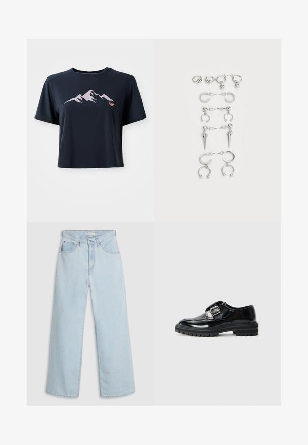 Crvena runa jakna s teksturiranom površinom, visokim ovratnikom, zatvaračem i dva prednja džepa. Ima kontrastne panele na ramenima.; Nautički plava skraćena majica od glatkog materijala, sa svijetloružičastom grafikom planine i malim narančastim logotipom na donjem lijevom dijelu.; Svijetloplave široke traperice visokog struka, s gumbom i patentnim zatvaračem, dvostrukim prednjim džepovima i suptilnim detaljima šavova.; Crni sjajni kožni loafer s metalnom kopčom i debelim gumenenim potplatom s uzorkom, prikazan u profilu na bijeloj pozadini.; Set srebrnih naušnica koje sadrže razne dizajne: kružne, naušnice s dugmetom i viseće stilove, s lopticama i oštrim elementima.