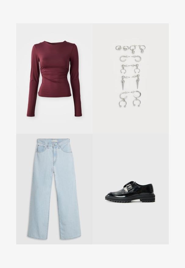 Rote Fleecejacke mit strukturierter Oberfläche, hohem Kragen, Reißverschluss und zwei Fronttaschen. Verfügt über kontrastierende Schulterpaneele.; Bordeauxfarbenes Langarmoberteil aus dehnbarem Stoff. Es hat eine figurbetonende Passform mit gerafften Details an der Taille und einem runden Halsausschnitt.; Hellblaue Jeans mit weitem Bein und hoher Taille, ausgestattet mit Knopf- und Reißverschluss, doppelten vorderen Taschen und dezenten Nahtdetails.; Schwarze, glänzende Lederloafers mit einem silbernen Schnallenriemen und dicker Gummisohle mit Profil, seitlich auf einem weißen Hintergrund dargestellt.; Set von silbernen Ohrringen mit verschiedenen Designs: Creolen, Stecker und hängende Stile, mit Kugelakzenten und spitzen Elementen.