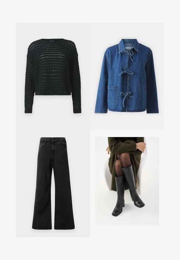 Tummansininen denim-takki rentoa istuvuutta, jossa on levitetty kaulus, solmimisnauhat ja kaksi etupanelia taskua.; Mustapyyhe neule, jossa on avoin kudontamalli, pitkät hihat ja ribbireunus. Ominaisuuksiin kuuluu lyhennetty pituus ja texturoitu yksityiskohtia kauttaaltaan.; Korkeavyötäröiset mustat farkut, joissa on leveä lahje, edessä taskut ja napitus vyötäröllä.; Polvisuoja mustat nahastossud, millel on ruudukujuline varvas ja plokk-kints, on esitatud mudeli seljas, kes istub oliivrohelises mantlis. Sile tekstuur, minimaalne detailitus.