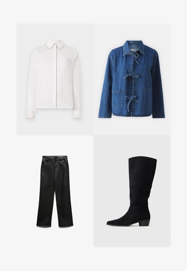Dunkelblaue Jeansjacke mit lässiger Passform, ausgestattet mit einem Umlegekragen, Knotenverschlüssen und zwei aufgesetzten Vordertaschen.; Weißes Langarmhemd mit spitzem Kragen und kontrastierenden Kanten entlang der Ränder, knackig zugeknöpft auf der Vorderseite. Einfaches und elegantes Design.; Schwarze weite Hose aus Kunstleder mit Fronttaschen, Gürtelschlaufen und dezentem Glanz. Glatte Textur und maßgeschneiderte Passform.; Schwarze Wildlederkniehohe Stiefel mit niedrigem Blockabsatz und spitzem Schuh, seitlich dargestellt auf einem schlichten hellgrauen Hintergrund.