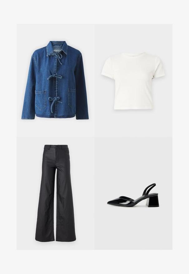 Tumed sinimoodi teksajakk, millel on mugav lõige, avatud krae, nööbid ning kaks eestpatši taskut.; Lühike valge T-särk, mis on valmistatud puuvillast, lühikeste varrukatega, ümmarguse kaelusega ja sirge lõikega, omades sileda tekstuuri ja minimaalset disaini.; Mustad, laiad püksid kunstnahast. Omab kõrget vööd, vöökotte, kahte esipoolset taskut ja õmmeldud detaile.; Mustad musta lakknahk kingad, millel on terav varvas ja geomeetriline plokkkonts. Omab elegantselt minimalistlikku disaini ja sujuvat tekstuuri.