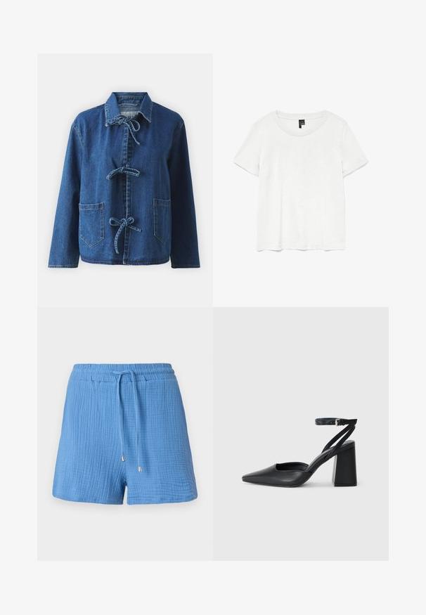 Tamsiai mėlyna džinsinė striukė su laisvu siluetu, turinti plačią apykaklę, užsegimą su raišteliais ir dvi priekinės kišenes.; Balta trumpa rankovėmis marškinėliai su apvaliu iškirpimu, pagaminti iš lengvos medžiagos. Paprastas dizainas, lygus paviršius ir tiesus kraštas.; Mėlyni medvilniniai šortai su tekstūruotu, susiraukšlėjusiu dizainu, elastingu juosmeniu, reguliuojama raišteliu ir metaliniais akcentiniais galiukais.; Juoda odinė smailiagalė aukštakulnio bateliai su kulkšnies dirželiu ir storu kulnu. Lygus paviršius, elegantiškas dizainas ir minimalistiška estetinė.