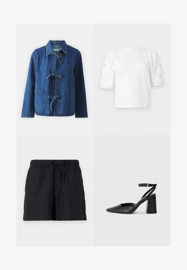 Tumši zila džinsu jaka ar brīvu siluetu, kurai ir izplesta apkakle, saites aizdare un divas priekšējās kabatas.; Balta kokvilnas t-kreklu ar īsām puff piedurknēm, ar nelieliem sudraba rotājumiem gar piedurknēm. Klasisks apaļš izgriezums, brīvā piegriezuma.; Melnas lina šortus ar elastīgu jostasvietu un aukliņu. Iezīme sānu kabatas un brīvas piegriezuma dizains.; Melna ādas augstpapēžu kurpe ar norakstīto purngala formu, potītes siksniņu un masīlu papēdi. Gluda tekstūra, elegants dizains un minimālisma estētika.