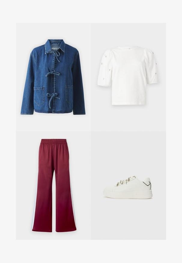 Sötétkék, laza fitneszű farmerdzseki, elterülő gallérral, megkötős záródással és két elöl elhelyezett zsebből áll.; Fehér pamut póló rövid puffos ujjakkal, a ujjain kicsi ezüst díszítések találhatók. Klasszikus kerek nyakú, laza fazonú.; Bordeaux színű, kényelmes szabású nadrág, elasztikus derékkal, fehér oldalsávokkal és sima anyagtextúrával. Széles lábú kialakítás.; Replay UNIVERSITY LUCKY - Sportcipő - white