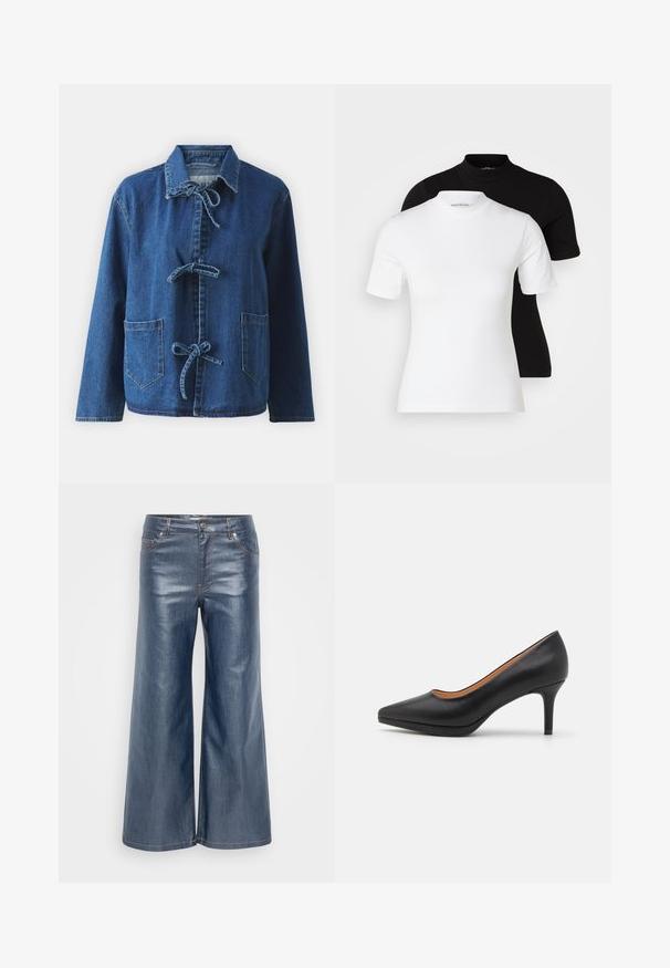 Casaco de ganga em azul escuro com um corte descontraído, apresentando um colarinho aberto, fechos de laço e dois bolsos frontais tipo remendo.; Even&Odd Petite 2 PACK - T-shirt básica - white/black; Calças de denim de pernas largas em azul-escuro, com uma textura suave, design de cinco bolsos e costuras contrastantes. Fecho frontal com botão e fecho éclair.; Sapato de salto alto em pele preta, com bico apontado, textura suave e um salto stiletto moderado. Sem padrões ou enfeites visíveis.