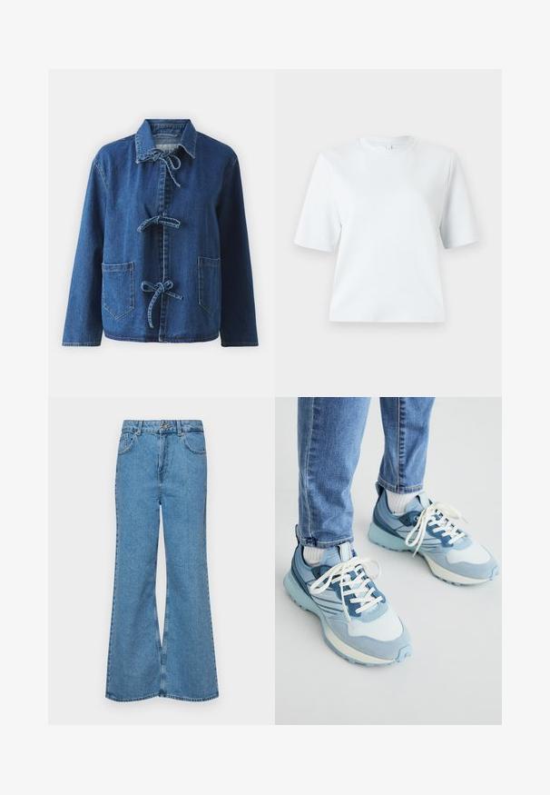 Denim jacket in dark blue with a relaxed fit, featuring a spread collar, tie closures, and two front patch pockets.; Light blue short-sleeve t-shirt made of soft cotton. Features a classic round neckline and a relaxed fit, with no patterns or accents.; Light blue flared jeans made of denim, featuring a high waist, five pockets, and a single button closure. Soft texture with faded finish.; Light blue sneakers made from a mix of materials. They feature a mesh upper, suede accents, white laces, and a textured rubber sole.