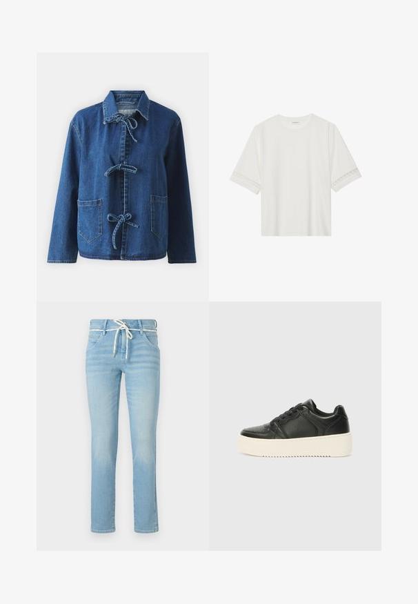 Tumši zila džinsu jaka ar brīvu siluetu, kurai ir izplesta apkakle, saites aizdare un divas priekšējās kabatas.; Balta īsām piedurknēm T-kreklu, izgatavotu no kokvilnas, ar dekoratīvu mežģīņu apdari ap piedurknēm un apaļu kakla izgriezumu.; Gai zila denim bikses ar taisnām kājām, aprīkotas ar baltu aukliņu jostasvietā un ar smalku izbalēšanu visā virsmā.; Melnas ādas sporta apavi ar gludu tekstūru, bieza krēmkrāsas zole, apaļa purngala forma un klasiskā auklu slēdzēja dizains. Smalkas šuvju detaļas.