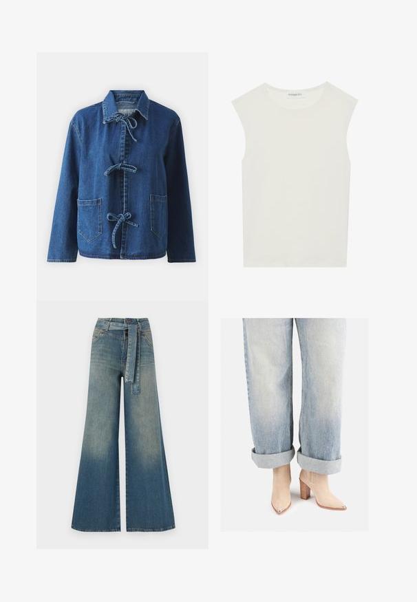 Sötétkék, laza fitneszű farmerdzseki, elterülő gallérral, megkötős záródással és két elöl elhelyezett zsebből áll.; Fehér ujjatlan felső, kerek nyakkivágással. Simább anyagból készült, laza fazonnal és minimalista kialakítással rendelkezik. Nincsenek minták vagy díszítések.; Bőszárú farmernadrág, világos és sötétkék árnyalatokkal, magas derekú, övgyűrűkkel és a nadrággal megegyező anyagú övvel. Textúrált farmer kivitel.; Beige velúr bokacsizma hegyes orral és fémes sarkú díszítéssel, világoskék feltekeredett farmernadrággal párosítva.