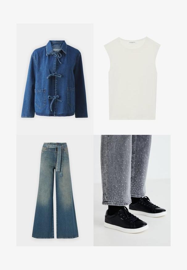 Τζάκετ από τζιν σε σκούρο μπλε χρώμα με χαλαρή γραμμή, διαθέτει γιακά ανοιχτού τύπου, κλείσιμο με κορδόνια και δύο εμπρός πατσαριζόμενες τσέπες.; Λευκή αμάνικη μπλούζα με στρογγυλή λαιμόκοψη. Φτιαγμένη από απαλό ύφασμα, διαθέτει χαλαρή εφαρμογή και μινιμαλιστικό σχέδιο. Χωρίς μοτίβα ή αξεσουάρ.; Πολυάριθμα τζιν παντελόνια με φαρδύ πόδι που διαθέτουν ένα ελαφρύ έως σκούρο μπλε gradient, ψηλή μέση, θηλιές ζώνης και μια ταιριαστή ζώνη από το ίδιο ύφασμα. Υφή τζιν.; Μαύρα δερμάτινα sneakers με λευκές καουτσούκ σόλες και υφασματικές λεπτομέρειες. Συνδυασμένα με γκρι τζιν παντελόνι με διακοσμητικές ασημένιες κουκίδες.