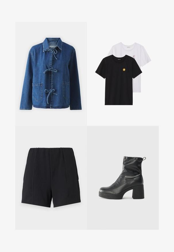 Tumši zila džinsu jaka ar brīvu siluetu, kurai ir izplesta apkakle, saites aizdare un divas priekšējās kabatas.; Melnbaltie t-krekli, ar apaļu kaklu, īsām piedurknēm. Melnais krekls ar dzeltenu saules izšuvumu; baltais ar purpursarkanu mēness akcentu.; Melnas atlētiskās šortus ar elastīgu jostasvīru, kurām ir plakano šuvju apdare, brīva piegriezuma un gluda tekstūra. Nav kabatu vai rotājumu.; Melni potītes zābaki, kas izgatavoti no gludas ādas, ar sānu rāvējslēdzēju, masīvu strukturētu papēdi un noapaļotu purngalu.