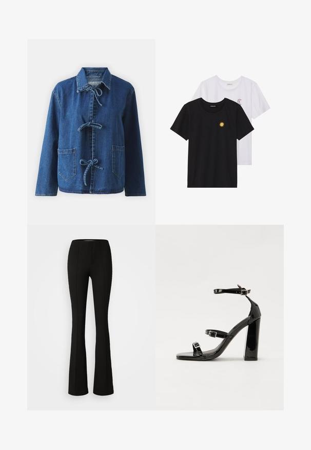 Denim jacket in dark blue with a relaxed fit, featuring a spread collar, tie closures, and two front patch pockets.; Black and white T-shirts, round neck, short sleeves. Black shirt features yellow sun embroidery; white has purple crescent moon accent.; Black flared trousers with ribbed texture, featuring a fitted waist and seam detailing, suitable for a variety of occasions.; Black patent heeled sandals with a square toe, ankle straps, and silver buckles. Features a chunky block heel for stability.