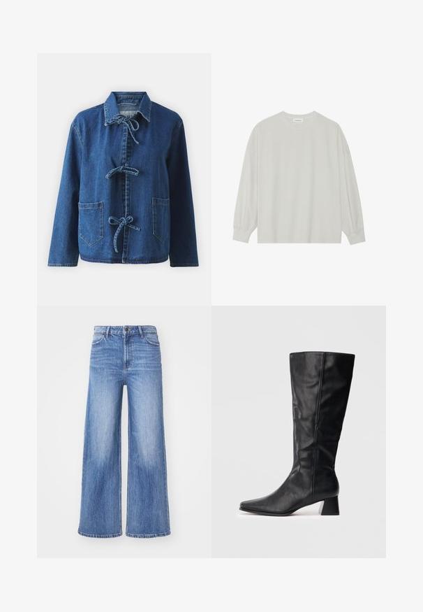 Τζάκετ από τζιν σε σκούρο μπλε χρώμα με χαλαρή γραμμή, διαθέτει γιακά ανοιχτού τύπου, κλείσιμο με κορδόνια και δύο εμπρός πατσαριζόμενες τσέπες.; Ανοιχτό γκρι μακρυμάνικη μπλούζα φτιαγμένη από μαλακό βαμβάκι. Έχει χαλαρή εφαρμογή, στρογγυλή λαιμόκοψη και ελαφρώς συγκεντρωμένα μανίκια. Χωρίς σχέδια ή γραφικά.; Φαρδιά τζιν παντελόνια σε ανοιχτό μπλε τζιν, με ψηλή μέση, διακριτική φθορά και κλασικό σχέδιο πέντε τσεπών με αντίθεση ραφής.; Μαύρη δερμάτινη μποτάκι έως τον αστράγαλο με μυτερή μύτη και τετράγωνο τακούνι σε απλή ανοιχτή φόντο.