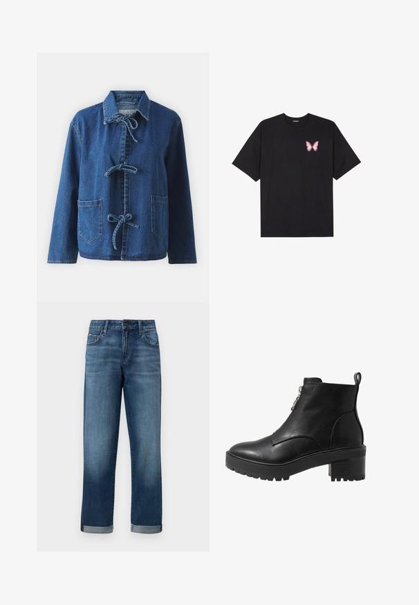 Džínová bunda v tmavě modré barvě s volným střihem, vybavená rozhaleným límcem, uzávěrem na šňůrky a dvěma předními náprsními kapsami.; Černé bavlněné tričko s krátkým rukávem, na levém prsou s malou grafikou růžové motýlky. Design s kruhovým výstřihem a volným střihem.; Džínové kalhoty ve středně modré barvě s rovným střihem, s ohrnutými nohavicemi a minimálními oděrkami. Klasický styl s pěti kapsami.; Černá kožená kotníková bota se zapínáním na boční zip, masivním černým podpatkem a texturovanou podrážkou pro lepší přilnavost. Hladký povrch s minimálními akcenty.