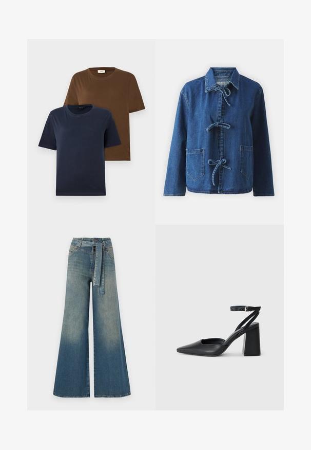 Chaqueta de denim en azul oscuro con un corte relajado, que presenta un cuello extendido, cierres de lazo y dos bolsillos frontales tipo parche.; Dos camisetas de manga corta: una en azul marino oscuro y la otra en marrón intenso. Ambas presentan cuellos redondos y una textura de algodón suave y lisa.; Pantalones de mezclilla de pierna ancha con un degradado de azul claro a oscuro, cintura alta, trabillas para cinturón y un cinturón de tela a juego. Acabado de mezclilla texturizada.; Zapato de tacón puntiagudo de cuero negro con tira en el tobillo y tacón ancho. Textura plana, diseño elegante y estética minimalista.