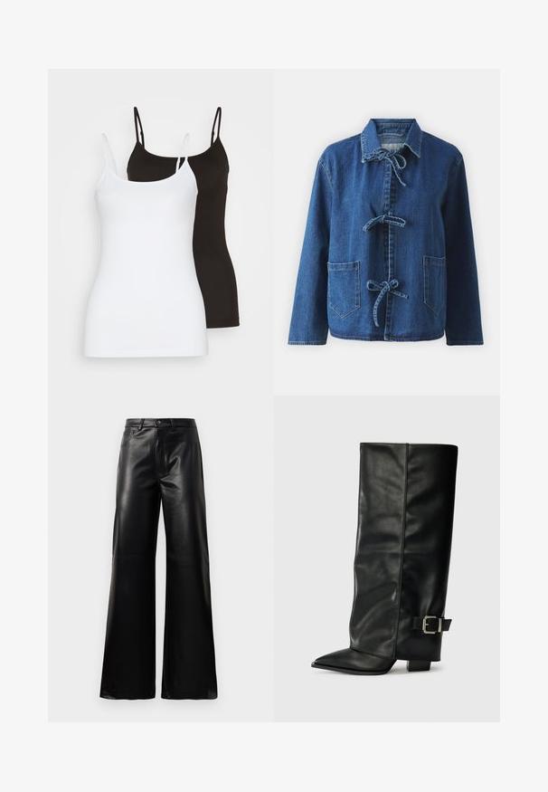 Tumed sinimoodi teksajakk, millel on mugav lõige, avatud krae, nööbid ning kaks eestpatši taskut.; Kaks ilmaõlavarrega kampsunit, üks valge ja teine must, sujuvast ja venivast kangast. Mõlemal on õhukesed rihmad ja lihtne disain.; Mustad talje laiad jalad kunstnahast püksid esipaneeli nööbi ja lukuga, vöödega ja küljetaskutega valge tausta peal.; Mustad musta nahast pahkluu kingad, millel on terav nina, sile tekstuur ja hõbedane pandlaaksent küljel. Tõmblukuga suur ruudukujuline konts.