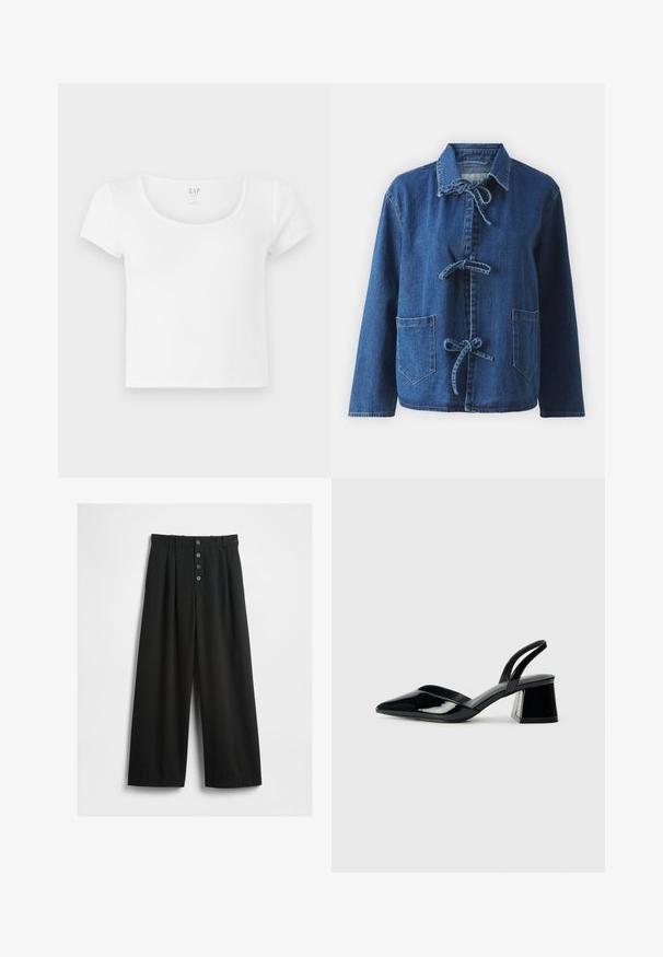 Giacca di jeans blu scuro con vestibilità rilassata, dotata di colletto a rever, chiusure a lacci e due tasche applicate frontali.; T-shirt bianca a maniche corte e taglio corto, realizzata in morbido cotone, con scollatura rotonda e design semplice senza motivi o dettagli.; Pantaloni neri a gamba larga realizzati in un tessuto strutturato. Presentano una vita alta, una chiusura frontale a cinque bottoni e pince stirate per un tocco di dettaglio in più.; Décolleté in vernice nera con punta affusolata e tacco in geometria cubica. Presentano un design elegante e minimalista, con una texture liscia.