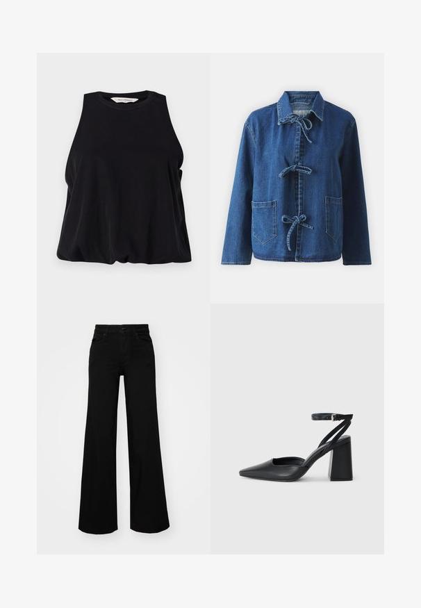 Denim jacket in dark blue with a relaxed fit, featuring a spread collar, tie closures, and two front patch pockets.; Black sleeveless top made of soft fabric, featuring a round neckline and a loose fit that drapes gently at the hem. No visible patterns or accents.; Black wide-leg pants made of denim, featuring a structured waistband, belt loops, and front pockets. Smooth texture with a classic design.; Black leather pointy-toe pump with an ankle strap and a chunky heel. Flat texture, sleek design, and minimalistic aesthetics.