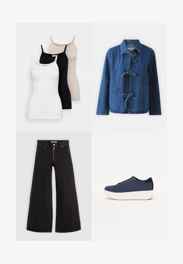 Sötétkék, laza fitneszű farmerdzseki, elterülő gallérral, megkötős záródással és két elöl elhelyezett zsebből áll.; Három női felső, fehér, fekete és nude színekben. Simogatós pamutból készült, vékony pántokkal és testhez álló fazonnal rendelkezik.; Fekete denim széles szárú farmer, cipzáros elejével, öt zsebes kialakítással és diszkrét varrással. Sima textúra és laza stílus.; Sötétkék sportcipő, texturált szövet felsőrész, fehér platform talp, lekerekített orr és fekete sarok akcentussal. Hat fűzőlyuk található rajta.