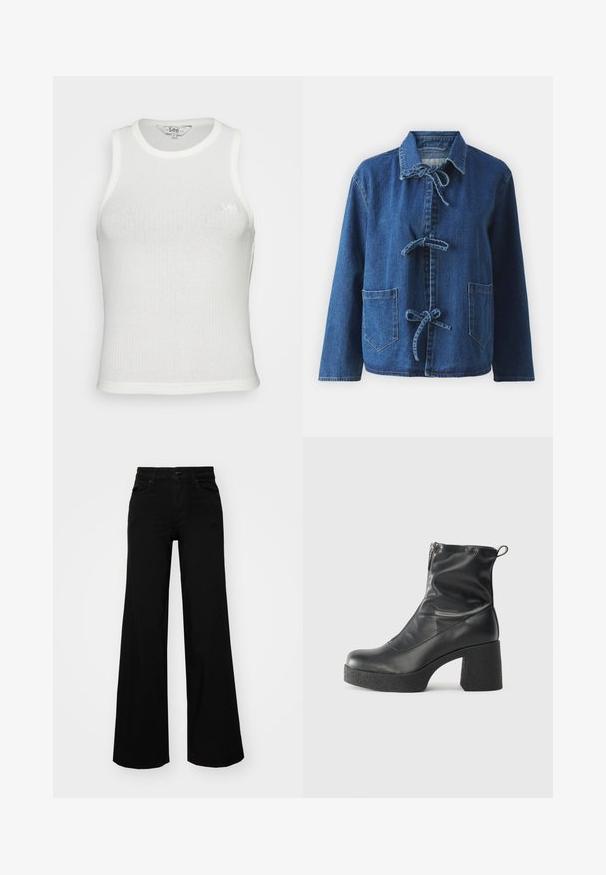 Denim jacket in dark blue with a relaxed fit, featuring a spread collar, tie closures, and two front patch pockets.; White ribbed tank top with a crew neck, no sleeves, and a fitted design. Features a small, discreet Lee logo stitched on the front.; Black wide-leg pants made of denim, featuring a structured waistband, belt loops, and front pockets. Smooth texture with a classic design.; Black ankle boots made of smooth leather, featuring a side zipper, chunky textured heel, and rounded toe design.