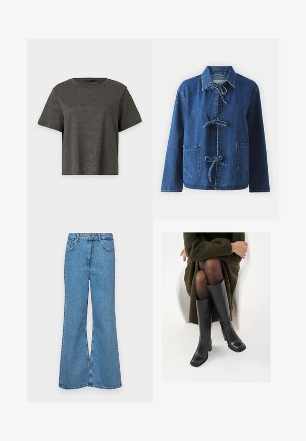 Giacca di jeans blu scuro con vestibilità rilassata, dotata di colletto a rever, chiusure a lacci e due tasche applicate frontali.; T-shirt a maniche corte, di colore grigio scuro con una leggera lucentezza metallica, collo rotondo e vestibilità ampia. Texture liscia senza motivi o dettagli visibili.; Jeans svasati di un blu chiaro, realizzati in denim, con vita alta, cinque tasche e chiusura a un bottone. Morbido al tatto con una finitura scolorita.; Stivali neri in pelle alti fino al ginocchio con punta squadrata e tacco a blocco, mostrati con un modello seduto in un cappotto verde oliva. Texture liscia, dettagli minimi.