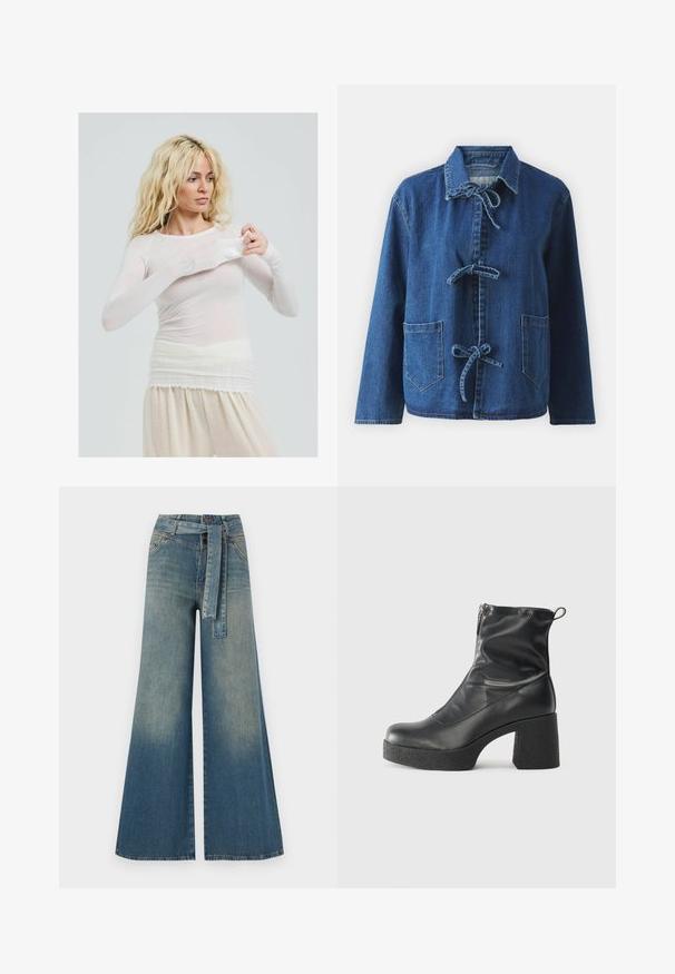 Dunkelblaue Jeansjacke mit lässiger Passform, ausgestattet mit einem Umlegekragen, Knotenverschlüssen und zwei aufgesetzten Vordertaschen.; Langärmliges, transparentes weißes Oberteil mit taillierter Passform. Leichter Stoff mit glatter Textur. Das Model passt den Ärmel an und trägt cremefarbene Hosen.; Weit geschnittene Denim-Hosen mit einem Farbverlauf von hellblau zu dunkelblau, hoher Taille, Gürtelschlaufen und einem passenden Stoffgürtel. Strukturierte Denim-Oberfläche.; Schwarze Stiefeletten aus glattem Leder mit seitlichem Reißverschluss, klobigem strukturiertem Absatz und runder Zehenform.