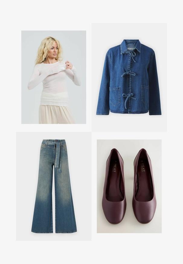 Tumši zila džinsu jaka ar brīvu siluetu, kurai ir izplesta apkakle, saites aizdare un divas priekšējās kabatas.; Garās piedurknes caurspīdīgs balts tops ar pieguļošu stilu. Viegls audums ar gludu tekstūru. Modelis pielāgo piedurkni, valkājot krēmkrāsas bikses.; Platām kājām džinsu bikses ar gaismas līdz tumši zilam gradientam, augstu jostas līniju, jostas cilpām un atbilstošu auduma jostu. Tekstūrēts džinsas apdare.; Burgundijas sintētiskās ādas dzīvokļi ar noapaļotu purngalu, gludu tekstūru un zemu papēdi. Iekšpusē ir mīksts zolīte ērtībai.