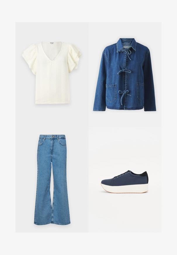 Jeans srajca v temno modri barvi z udobnim krojem, ki ima razprt ovratnik, zavezovanje in dve sprednji žepe.; Bela bluzica s kratkimi nabrano obrobljenimi rokavi, V-izrezom in vertikalnimi teksturiranimi črtami. Lahkoten material z nežen, mehak lesk.; Svetlo modri razširjeni džins hlače iz denima, z visokim pasom, petimi žepi in enim gumbom za zapiranje. Mehka tekstura z blagim zbledelim videzom.; Temno modri športni copati z teksturirano zgornjščino, bela platforma, okrogla konica in črn naglas na peti. Imajo šest lukenj za vezalke.