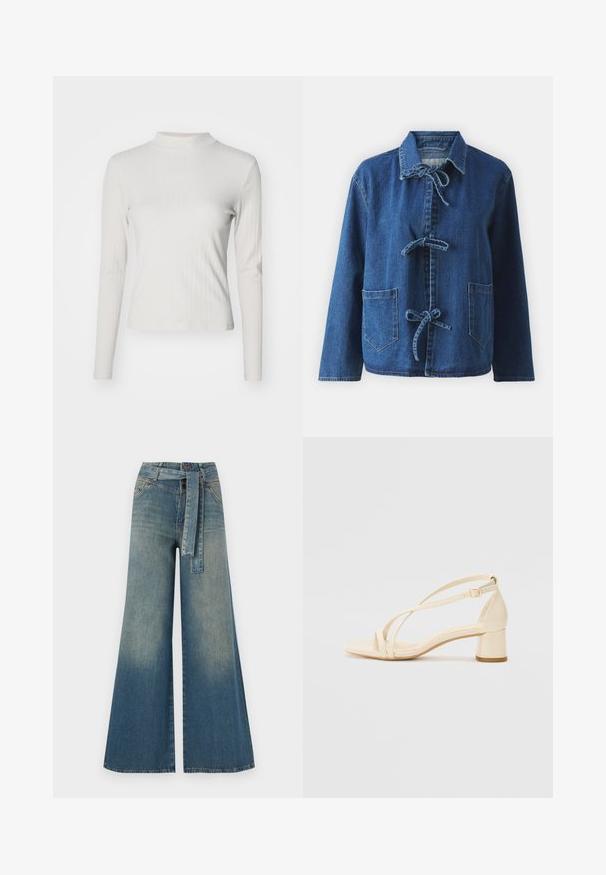 Sötétkék, laza fitneszű farmerdzseki, elterülő gallérral, megkötős záródással és két elöl elhelyezett zsebből áll.; Hosszú ujjú, világosszürke bordázott felső magas nyakkal. Testhez simuló fazon és puha textúra jellemzi. Nincs látható minta vagy fémalkatrész.; Bőszárú farmernadrág, világos és sötétkék árnyalatokkal, magas derekú, övgyűrűkkel és a nadrággal megegyező anyagú övvel. Textúrált farmer kivitel.; Krémszínű, blokk sarkú szandálok, pántos kialakítással és állítható bokapánttal, sima szintetikus anyagból, matt felülettel.