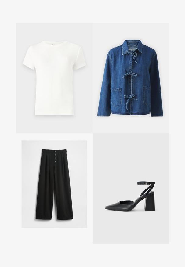 Džínová bunda v tmavě modré barvě s volným střihem, vybavená rozhaleným límcem, uzávěrem na šňůrky a dvěma předními náprsními kapsami.; Bílý krátký rukáv tričko vyrobené z žebrované tkaniny, s klasickým kulatým výstřihem a jednoduchým, přiléhavým stylem. Bez vzorů nebo akcentů.; Široké černé kalhoty vyrobené z texturované látky. Mají vysoký pas, zapínání na pět knoflíků a nažehlené puky pro dodatečný detail.; Černé kožené lodičky se špičatou špičkou, kotníkovým páskem a silným podpatkem. Hladká textura, elegantní design a minimalistická estetika.