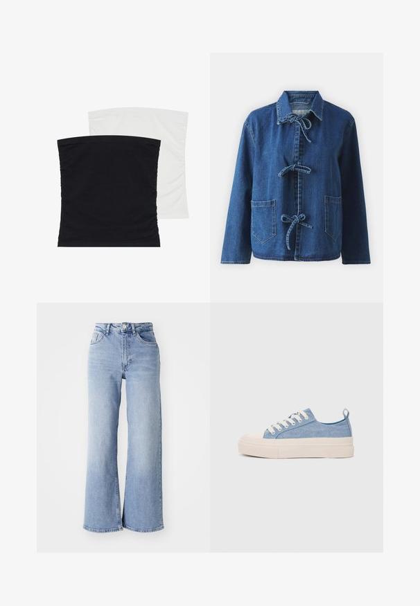 Tumši zila džinsu jaka ar brīvu siluetu, kurai ir izplesta apkakle, saites aizdare un divas priekšējās kabatas.; Divi elastīgi cauruļveida topi, viens melns un otrs balts, ar mīkstu, gludu audumu un savelktām tekstūrām sānos.; Gai zilganzs augsta jostas platajām biksēm ar priekšējām un aizmugurējām kabatām, pogu aizdari un nelielu izbalējumu gurnos un apakšmalās.; Gaiši zili kanvas sneakeri ar krēmkrāsas gumijas pirksta aizsargu un ārējo zoli, aprīkoti ar baltām šņorēm un cilpu uz papēža.