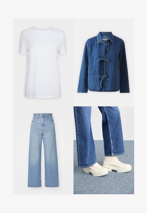 Jeans srajca v temno modri barvi z udobnim krojem, ki ima razprt ovratnik, zavezovanje in dve sprednji žepe.; Bela kratka majica s kratkimi rokavi, izdelana iz bombaža. Oblika s krožnim izrezom, gladka tekstura brez vidnih vzorcev ali poudarkov. Osnovni stil.; Svetlo modri visokorasli široki traper hlače z sprednjim gumbom in zadrgo, sprednjimi in zadnjimi žepi, na belem ozadju.; Bele zimske superge z debelimi, rebrastimi podplati in krožnim logotipom, oblečene z svetlo modrimi, širokimi kavbojkami.