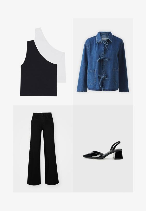 Tummansininen denim-takki rentoa istuvuutta, jossa on levitetty kaulus, solmimisnauhat ja kaksi etupanelia taskua.; Mustapaket ja valkoiset ribbikankaiset topit epäsymmetrisellä kaula-aukolla; pehmeä puuvillasekoitekangas; tiukka malli; ei näkyviä metalliosia tai kuvioita.; Musta leveälahkeinen farkkupanta, jossa on rakenteellinen vyötärö, vyölenkit ja etutaskut. Sujuva rakenne klassisella muotoilulla.; Mustat patentoitu nahkakengät, joissa on säären takaosa ja terävä kärki, sekä geometrinen palikkakorko. Sisältää tyylikkään, minimalistisen muotoilun ja sileän pinnan.