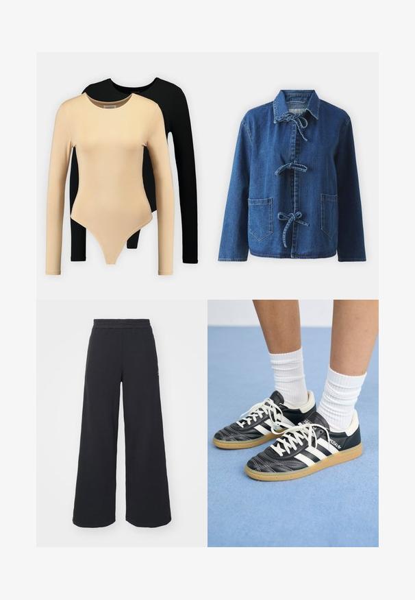 Tumed sinimoodi teksajakk, millel on mugav lõige, avatud krae, nööbid ning kaks eestpatši taskut.; Kaks pikka varrukat keha riiet: üks beež sileda tekstuuri ja ümarate kaelustega, teine must. Mõlemad on istuvad disainiga ja stringi lõikega.; Mustad laiad spordipüksid, mis on valmistatud pehmest kangast, elastse vöökohtaga ja väikese logoga vasakul küljel.; Mustad nahast tennisetossud valgete triipudega, ümar nina, valged paelad ja kummist tallad. Esiletõstetud pehmendatud krae ja brändingu detailid.