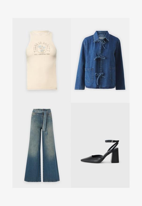 Džínová bunda v tmavomodrej farbe s voľným strihom, so širokým golierom, zaväzovaním a dvoma prednými náprsníkovými vreckami.; Béžový priliehavý top bez rukávov s vysokým výstrihom. Obsahuje tlačenú kvetinovú grafiku a text: "KRÁSA JE OKOLO VÁS."; Džínsy s širokými nohavicami, ktoré majú prechod od svetlomodrej po tmavomodrú, vysoký pás, pútka na opasok a opasok z rovnakého materiálu. Textúrovaný denimový povrch.; Čierne kožené lodičky s špicatou špičkou a členkovým remienkom, s masívnym podpätkom. Hladký povrch, elegantný dizajn a minimalistická estetika.