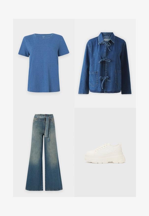 Tumed sinimoodi teksajakk, millel on mugav lõige, avatud krae, nööbid ning kaks eestpatši taskut.; Sinine lühikeste varrukatega T-särk, mis on valmistatud pehmest kangast, ümara kaelusega ja mugava lõikega. Materjalil on throughout peen tekstuur.; Laiad denimpüksid, millel on hele tume sinine gradiendiefekt, kõrge vöökoht, vöökumlid ja sobivast kangast vöö. Struktureeritud denimi viimistlus.; Valge kangast tennis, millel on paks tald, ümar varvas ja viis augukeed lakkide jaoks. Tagumine silt lihtsaks jalga panemiseks. Sile tekstuur, minimalistik disain.