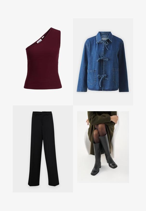 Tumši zila džinsu jaka ar brīvu siluetu, kurai ir izplesta apkakle, saites aizdare un divas priekšējās kabatas.; Sarkanbordeaux krāsas ribota topiņa ar vienu plecu, stiepjams audums un pieguļoša siluets. Etiķete redzama iekšpusē ap kaklu.; Melnas platajās bikses, kas izgatavotas no gludas auduma, ar klasisku jostu un pogu aizdari, kā arī priekšējām kroku detalizācijām.; Ceļgalu augstuma melni ādas zābaki ar kvadrātu purngalu un bloku papēdi, attēloti modelī, kurš sēž olīvu zaļā mētelī. Gluda tekstūra, minimāla apdare.