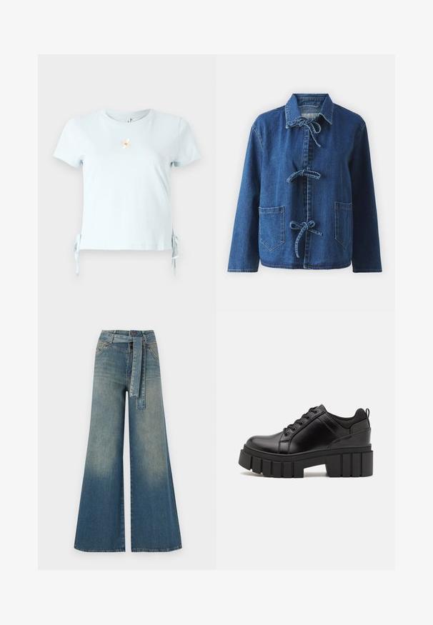 Τζάκετ από τζιν σε σκούρο μπλε χρώμα με χαλαρή γραμμή, διαθέτει γιακά ανοιχτού τύπου, κλείσιμο με κορδόνια και δύο εμπρός πατσαριζόμενες τσέπες.; Ανοιχτό μπλε βαμβακερό μπλουζάκι με κοντά μανίκια, πλαϊνές κορδέλες και κεντημένο σχέδιο από μαργαρίτα με τη λέξη "Χαμογέλα" από κάτω.; Πολυάριθμα τζιν παντελόνια με φαρδύ πόδι που διαθέτουν ένα ελαφρύ έως σκούρο μπλε gradient, ψηλή μέση, θηλιές ζώνης και μια ταιριαστή ζώνη από το ίδιο ύφασμα. Υφή τζιν.; Μαύρα δερμάτινα παπούτσια πλατφόρμας με παχύ μπλοκ τακούνι, στρογγυλή μύτη και παραδοσιακό σχέδιο δέσιμο. Διαθέτουν λεία υφή και ελάχιστες λεπτομέρειες.