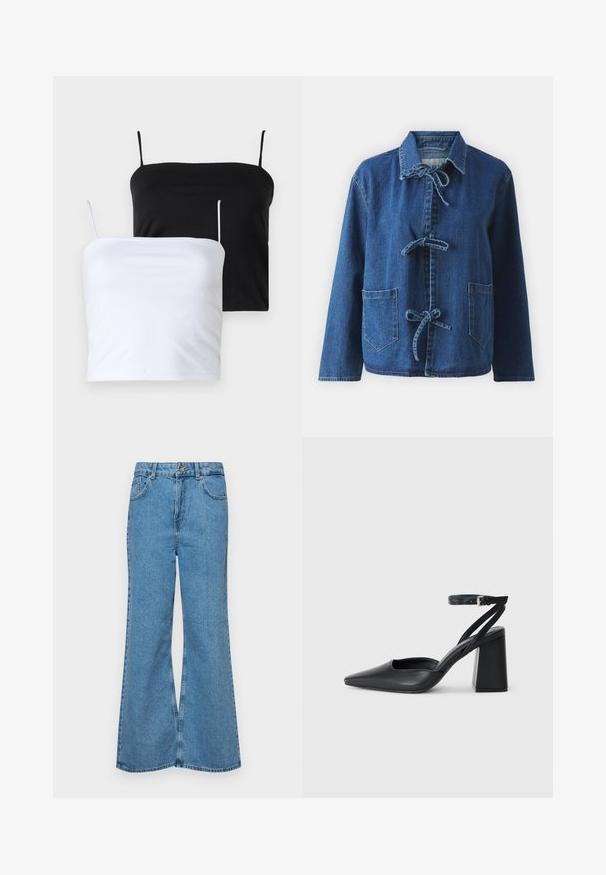 Džínová bunda v tmavě modré barvě s volným střihem, vybavená rozhaleným límcem, uzávěrem na šňůrky a dvěma předními náprsními kapsami.; Dvě přiléhavé topy bez rukávů v černé a bílé barvě. Vyrobené z měkké tkaniny s tenkými, nastavitelnými ramínky. Hladká textura, jednoduchý design, žádné viditelné vzory.; Světle modré rozšířené džíny z denimu, se zvýšeným pasem, pěti kapsami a jedním knoflíkem na zapínání. Měkký povrch s vybledlým vzhledem.; Černé kožené lodičky se špičatou špičkou, kotníkovým páskem a silným podpatkem. Hladká textura, elegantní design a minimalistická estetika.