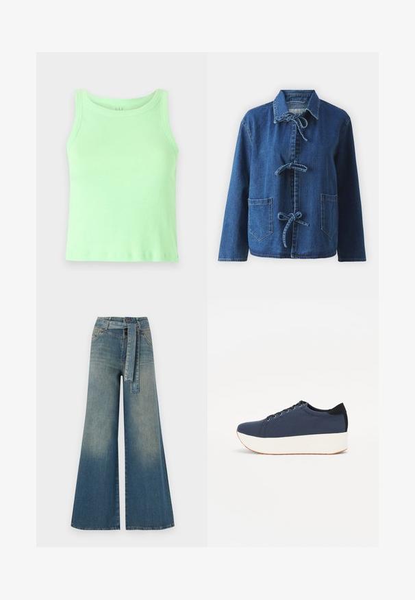Denim jacket in dark blue with a relaxed fit, featuring a spread collar, tie closures, and two front patch pockets.; Light green ribbed tank top with a rounded neckline and sleeveless design. Fabric appears soft with a slight stretch and smooth texture.; Wide-leg denim trousers featuring a light to dark blue gradient, high waist, belt loops, and a matching fabric belt. Textured denim finish.; Navy blue sneaker with a textured fabric upper, white platform sole, rounded toe, and black heel accent. Features six eyelets for laces.