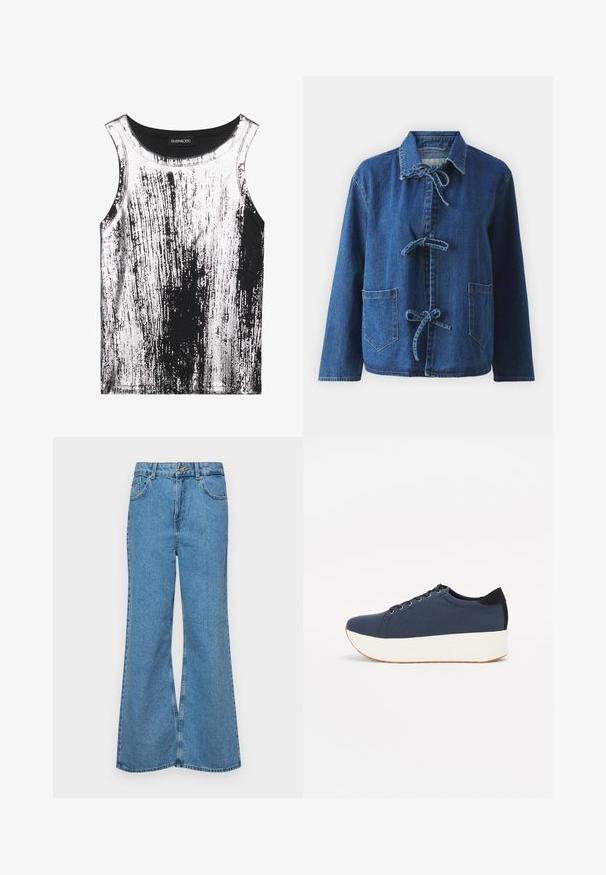 Denim jacket in dark blue with a relaxed fit, featuring a spread collar, tie closures, and two front patch pockets.; Black and white tank top made of stretch fabric, featuring a streaked pattern with shiny accents, round neckline, and sleeveless design.; Light blue flared jeans made of denim, featuring a high waist, five pockets, and a single button closure. Soft texture with faded finish.; Navy blue sneaker with a textured fabric upper, white platform sole, rounded toe, and black heel accent. Features six eyelets for laces.