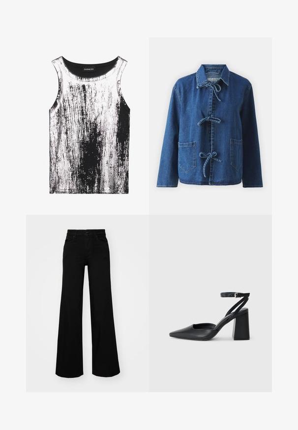 Jachetă din denim de culoare albastru închis, cu o croială lejeră, având guler deschis, închidere cu fundiță și două buzunare frontale tip patch.; Tricou fără mâneci, alb-negru, realizat dintr-un material elastic, cu un model presărat de dungi și accente strălucitoare, guler rotund.; Pantaloni negri cu picioare largi, din denim, cu un brau structurat, bucle pentru curea și buzunare frontale. Textură netedă, cu un design clasic.; Pantofii cu toc ascuțit din piele neagră, cu breteaua pentru glezne și toc gros. Textură netedă, design elegant și estetică minimală.